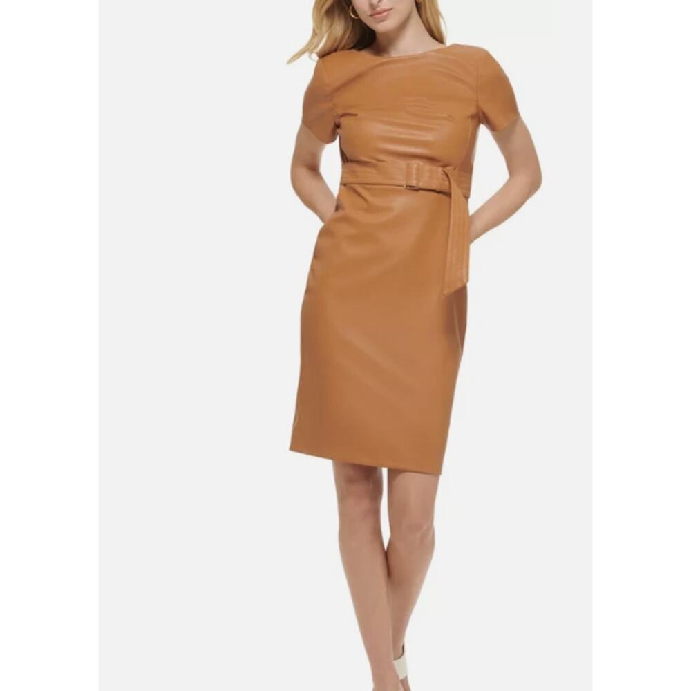 Calvin Klein Tan Faux Leather Belted Knee Length Sheath Dress Short Sleeve Sz 6 - Picture 6 of 7